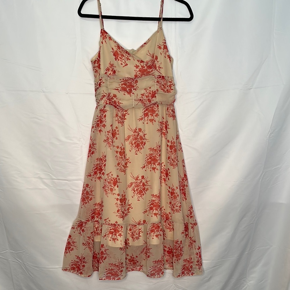 Red & Beige Floral “All In Favor” Spaghetti Strap Midi Sundress Size Medium